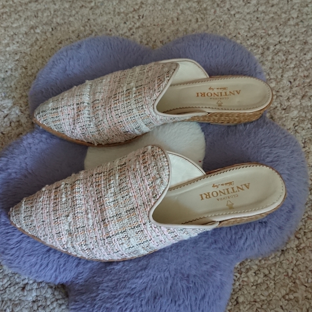 CLORINDA ANTINORI The Luna Gaelle Rosa pink and cream tweed mules size 8
